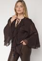 Brązowa Bluzka w Rustykalnym Stylu z Wiązaniem i Falbankami Nenarea
