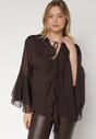 Brązowa Bluzka w Rustykalnym Stylu z Wiązaniem i Falbankami Nenarea