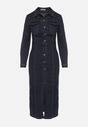 Granatowa Jeansowa Sukienka Koszulowa o Taliowanym Kroju Neveala