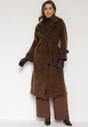 Brązowy Elegancki Płaszcz z Wiązanym Paskiem i Kieszeniami Nyredi
