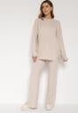 Jasnobeżowy Komplet z Bawełną i Wełną Sweter z Guzikami i Proste Spodnie Reisadia