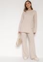 Jasnobeżowy Komplet z Bawełną i Wełną Sweter z Guzikami i Proste Spodnie Reisadia