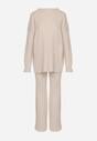 Jasnobeżowy Komplet z Bawełną i Wełną Sweter z Guzikami i Proste Spodnie Reisadia
