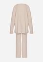 Jasnobeżowy Komplet z Bawełną i Wełną Sweter z Guzikami i Proste Spodnie Reisadia
