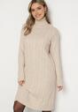 Jasnobeżowa Sweterkowa Sukienka z Golfem Wełną i Bawełną Ozdobiona Splotem Reiania