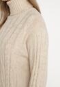 Jasnobeżowa Sweterkowa Sukienka z Golfem Wełną i Bawełną Ozdobiona Splotem Reiania