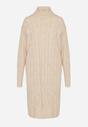 Jasnobeżowa Sweterkowa Sukienka z Golfem Wełną i Bawełną Ozdobiona Splotem Reiania