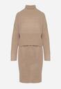Ciemnobeżowy Komplet Dzianinowy z Wełną i Bawełną Golf i Dopasowana Sukienka Reilaia