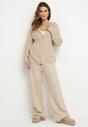 Beżowy Komplet z Wełną i Bawełną Szerokie Spodnie i Rozpinana Bluzka z Kapturem Reikania