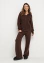 Brązowy Komplet z Wełną i Bawełną Szerokie Spodnie i Rozpinana Bluzka z Kapturem Reikania