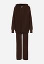Brązowy Komplet z Wełną i Bawełną Szerokie Spodnie i Rozpinana Bluzka z Kapturem Reikania