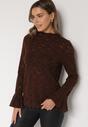 Brązowa Koronkowa Bluzka ze Stójką i Rozszerzanymi Rękawami Nefina