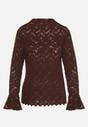 Brązowa Koronkowa Bluzka ze Stójką i Rozszerzanymi Rękawami Nefina