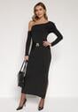 Czarna Sukienka z Wiskozą Wywiniętym Dekoltem Marszczeniem i Metaliczną Ozdobą Reillea