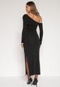 Czarna Sukienka z Wiskozą Wywiniętym Dekoltem Marszczeniem i Metaliczną Ozdobą Reillea