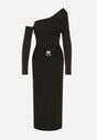 Czarna Sukienka z Wiskozą Wywiniętym Dekoltem Marszczeniem i Metaliczną Ozdobą Reillea