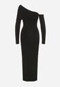 Czarna Sukienka z Wiskozą Wywiniętym Dekoltem Marszczeniem i Metaliczną Ozdobą Reillea