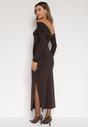Brązowa Sukienka z Wiskozą Wywiniętym Dekoltem Marszczeniem i Metaliczną Ozdobą Reillea