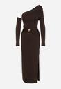 Brązowa Sukienka z Wiskozą Wywiniętym Dekoltem Marszczeniem i Metaliczną Ozdobą Reillea