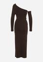 Brązowa Sukienka z Wiskozą Wywiniętym Dekoltem Marszczeniem i Metaliczną Ozdobą Reillea