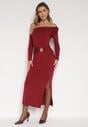 Bordowa Sukienka z Wiskozą Wywiniętym Dekoltem Marszczeniem i Metaliczną Ozdobą Reillea