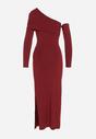 Bordowa Sukienka z Wiskozą Wywiniętym Dekoltem Marszczeniem i Metaliczną Ozdobą Reillea