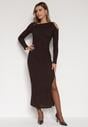 Brązowa Dopasowana Sukienka z Metaliczną Ozdobą na Ramieniu Reilara