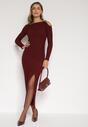 Bordowa Dopasowana Sukienka z Metaliczną Ozdobą na Ramieniu Reilara