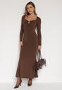 Brązowa Koktajlowa Sukienka z Wiskozą Ozdobiona Metalową Klamrą Refira
