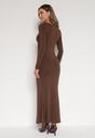 Brązowa Koktajlowa Sukienka z Wiskozą Ozdobiona Metalową Klamrą Refira