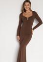 Brązowa Koktajlowa Sukienka z Wiskozą Ozdobiona Metalową Klamrą Refira