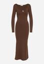 Brązowa Koktajlowa Sukienka z Wiskozą Ozdobiona Metalową Klamrą Refira