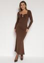 Brązowa Koktajlowa Sukienka z Wiskozą i Metaliczną Ozdobą Refare