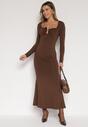 Brązowa Koktajlowa Sukienka z Wiskozą i Metaliczną Ozdobą Refare