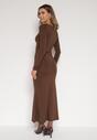 Brązowa Koktajlowa Sukienka z Wiskozą i Metaliczną Ozdobą Refare