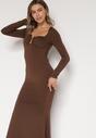 Brązowa Koktajlowa Sukienka z Wiskozą i Metaliczną Ozdobą Refare