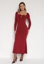 Bordowa Koktajlowa Sukienka z Wiskozą i Metaliczną Ozdobą Refare