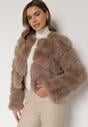 Ciemnobeżowa Krótka Kurtka z Futerkiem na Haftki Loreinda