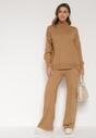 Beżowy Dzianinowy Komplet z Bawełną i Wełną Szerokie Spodnie i Sweter Golf Valefessa