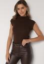 Brązowy Marszczony Top z Bawełny i Wiskozy z Półgolfem Zetalia