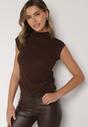Brązowy Marszczony Top z Bawełny i Wiskozy z Półgolfem Zetalia