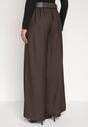 Brązowe Bawełniane Szerokie Spodnie Garniturowe z Wysokim Stanem i Paskiem Tusamia