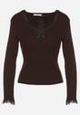 Brązowy Sweter z Wiskozą Ozdobiony Koronką i Kokardką Tusirea