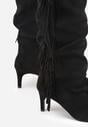 Czarne Marszczone Kozaki z Imitacji Zamszu na Niskiej Szpilce z Frędzlami Linonra