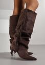 Brązowe Marszczone Kozaki z Imitacji Zamszu na Niskiej Szpilce z Frędzlami Linonra