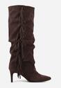 Brązowe Marszczone Kozaki z Imitacji Zamszu na Niskiej Szpilce z Frędzlami Linonra