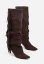 Brązowe Marszczone Kozaki z Imitacji Zamszu na Niskiej Szpilce z Frędzlami Linonra