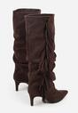 Brązowe Marszczone Kozaki z Imitacji Zamszu na Niskiej Szpilce z Frędzlami Linonra