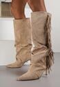 Ciemnobeżowe Marszczone Kozaki z Imitacji Zamszu na Niskiej Szpilce z Frędzlami Linonra