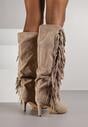 Ciemnobeżowe Marszczone Kozaki z Imitacji Zamszu na Niskiej Szpilce z Frędzlami Linonra